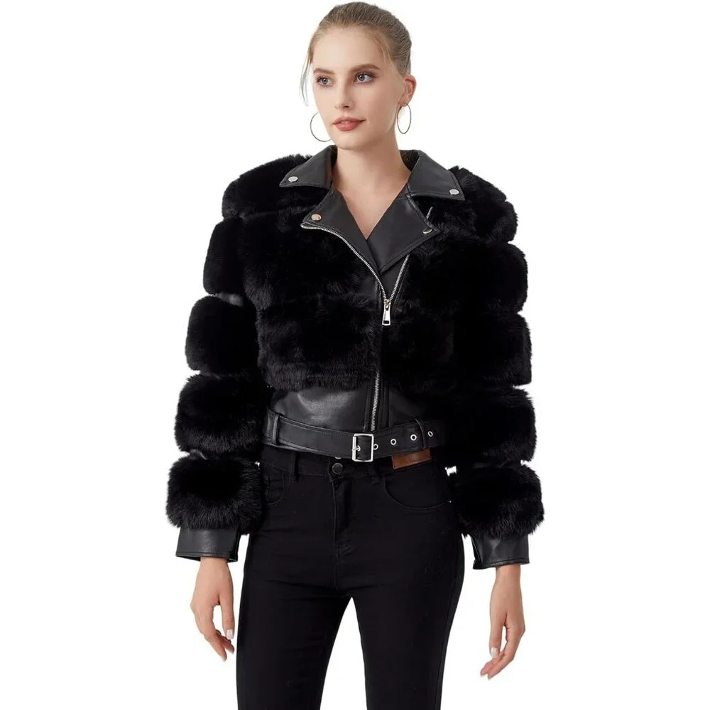 Women's Moto Style Cropped Faux Fur Leather Belted Biker Coat Zip Up Coffee - Picture 2 of 9